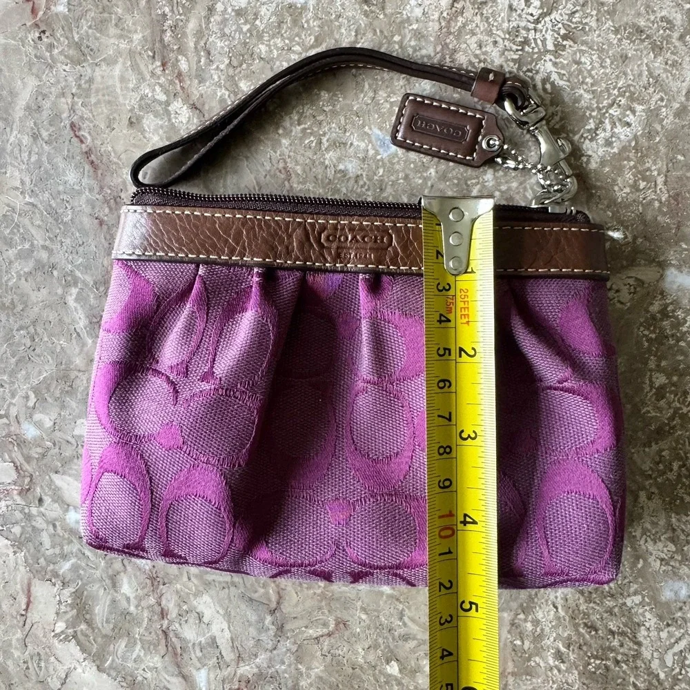 Coach Purple Logo Wristlet Bag with Brown Trim and Wrist Strap
